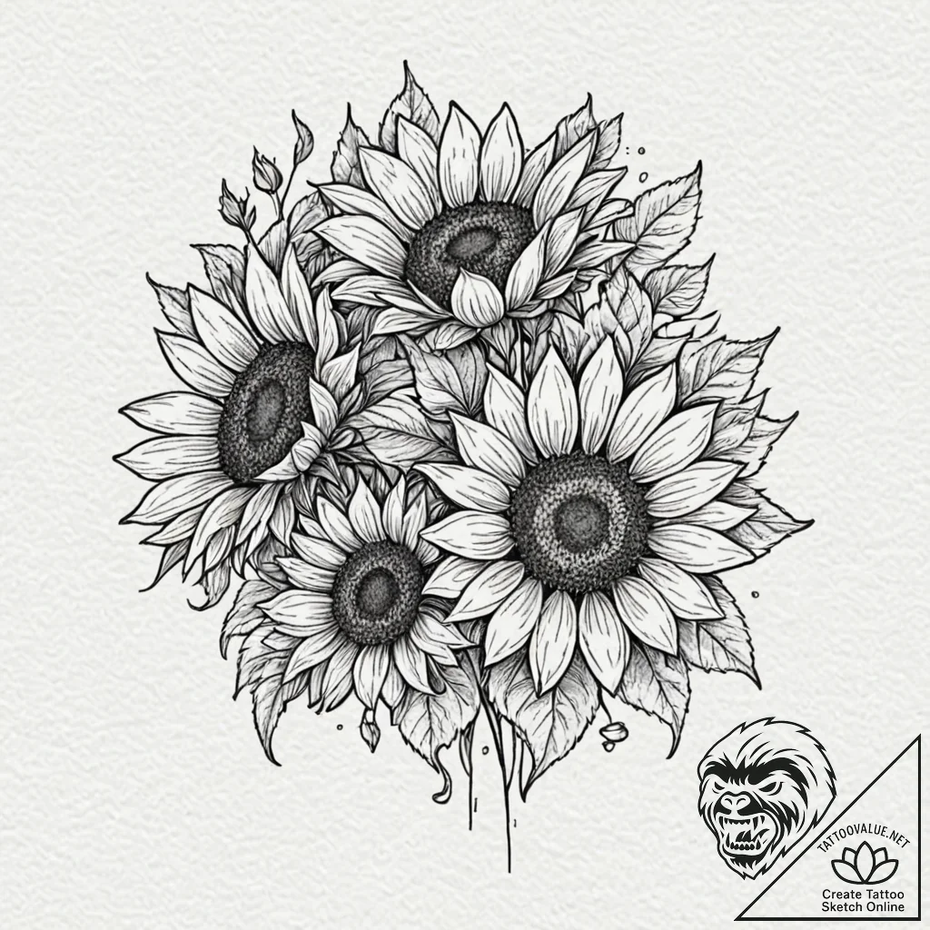 A cheerful bouquet of sunflowers, bright and... - tattoo sketch (№1753455354_0, 25.07.2025 14:55) — tattoovalue.net