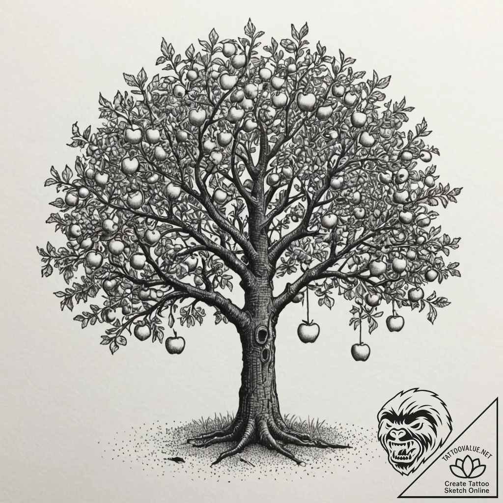 Apple tree, concept art for tattoo, dotwork s... - tattoo sketch (№1753455549_0, 25.07.2025 14:59) — tattoovalue.net