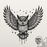 Owl wings beneath burning stars, tattoo sketc… – tattoo sketch (№1753459742_0, 25.07.2025 16:09) — tattoovalue.net