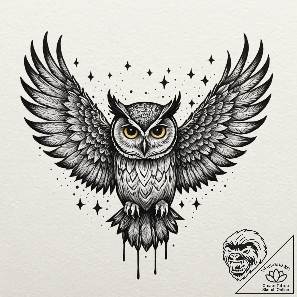 Owl wings beneath burning stars, tattoo sketc... - tattoo sketch (№1753459742_0, 25.07.2025 16:09) — tattoovalue.net