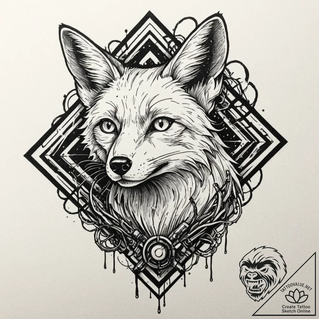 Cybernetic fox with glowing optic nerves, ink... - tattoo sketch (№1753459941_0, 25.07.2025 16:12) — tattoovalue.net