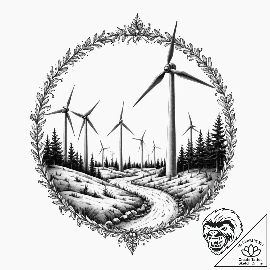 Wind turbine, broken and still, in a desolate... - tattoo sketch (№1753460523_0, 25.07.2025 16:22) — tattoovalue.net
