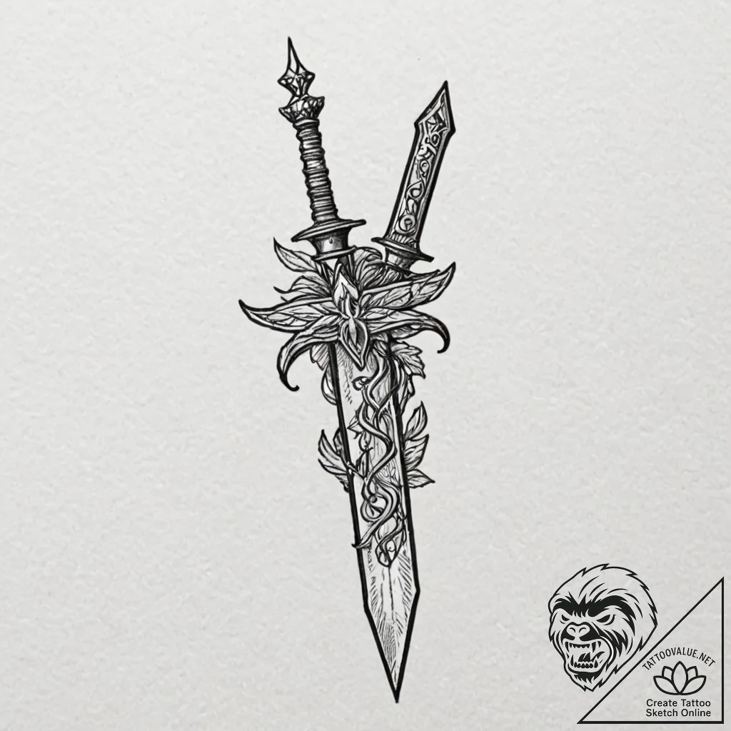 Dagger embedded in stone, tattoo line art, mi... - tattoo sketch (№1753461315_0, 25.07.2025 16:35) — tattoovalue.net