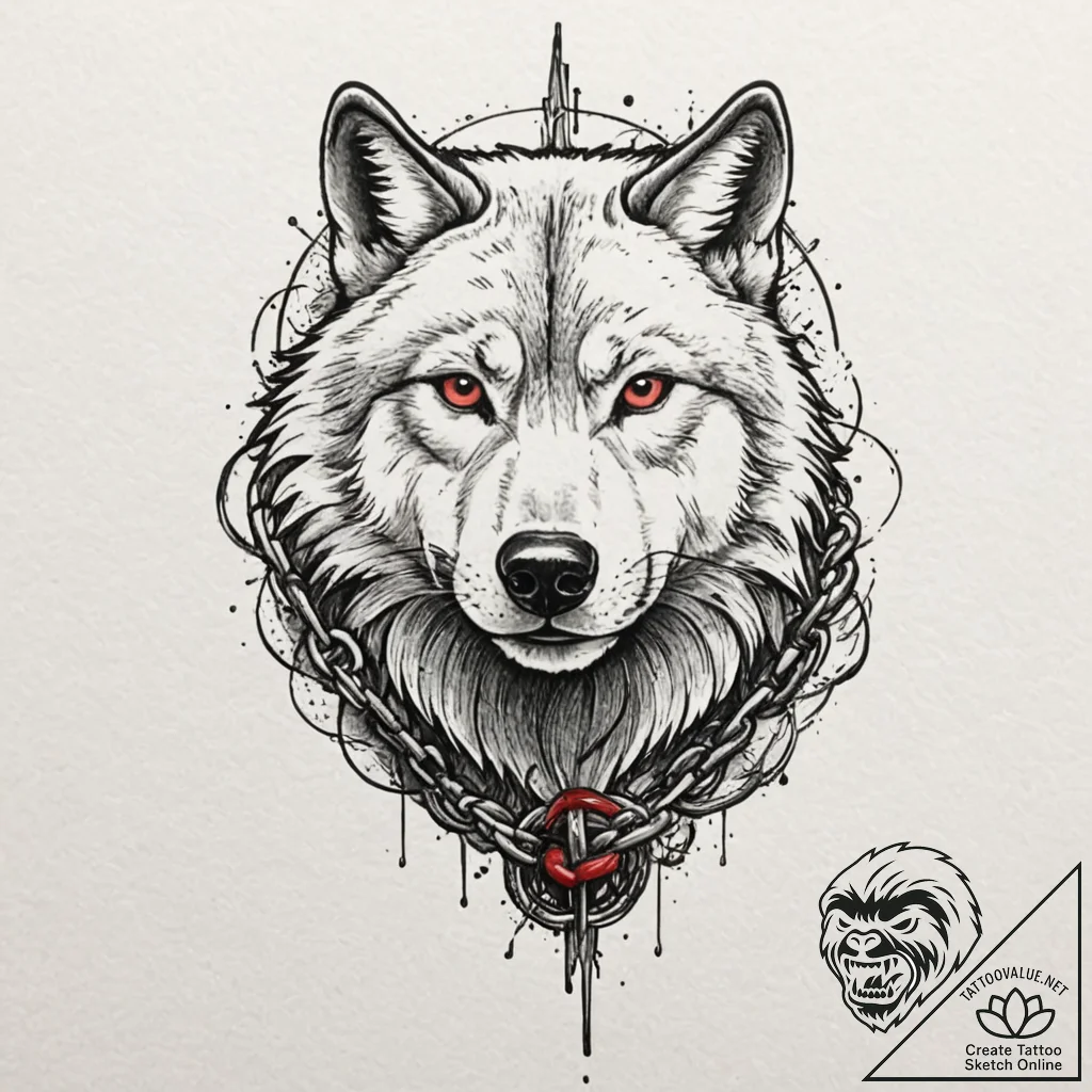 Chained wolf, muscles straining, shattering i... - tattoo sketch (№1753461720_0, 25.07.2025 16:42) — tattoovalue.net