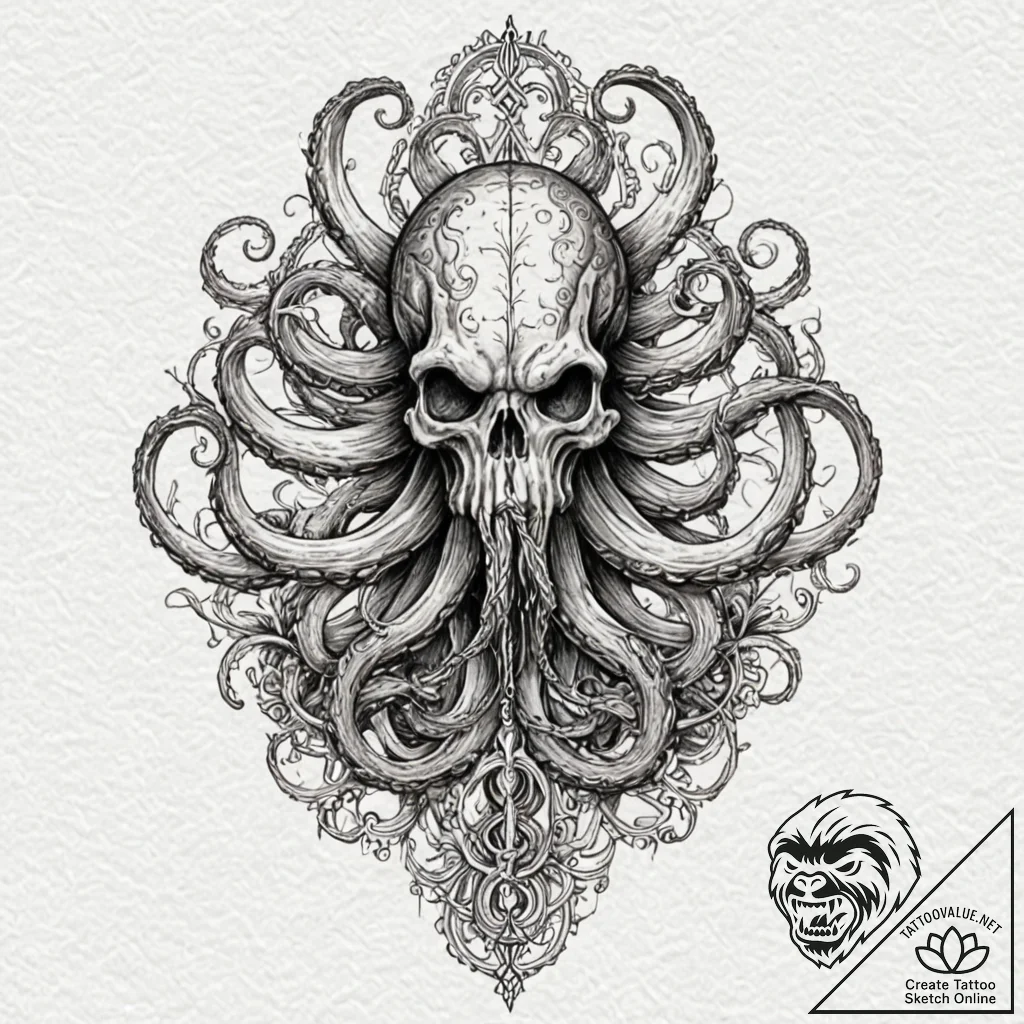 Kraken tendrils wrapping skeletal mast, tatto... - tattoo sketch (№1753462494_0, 25.07.2025 16:54) — tattoovalue.net
