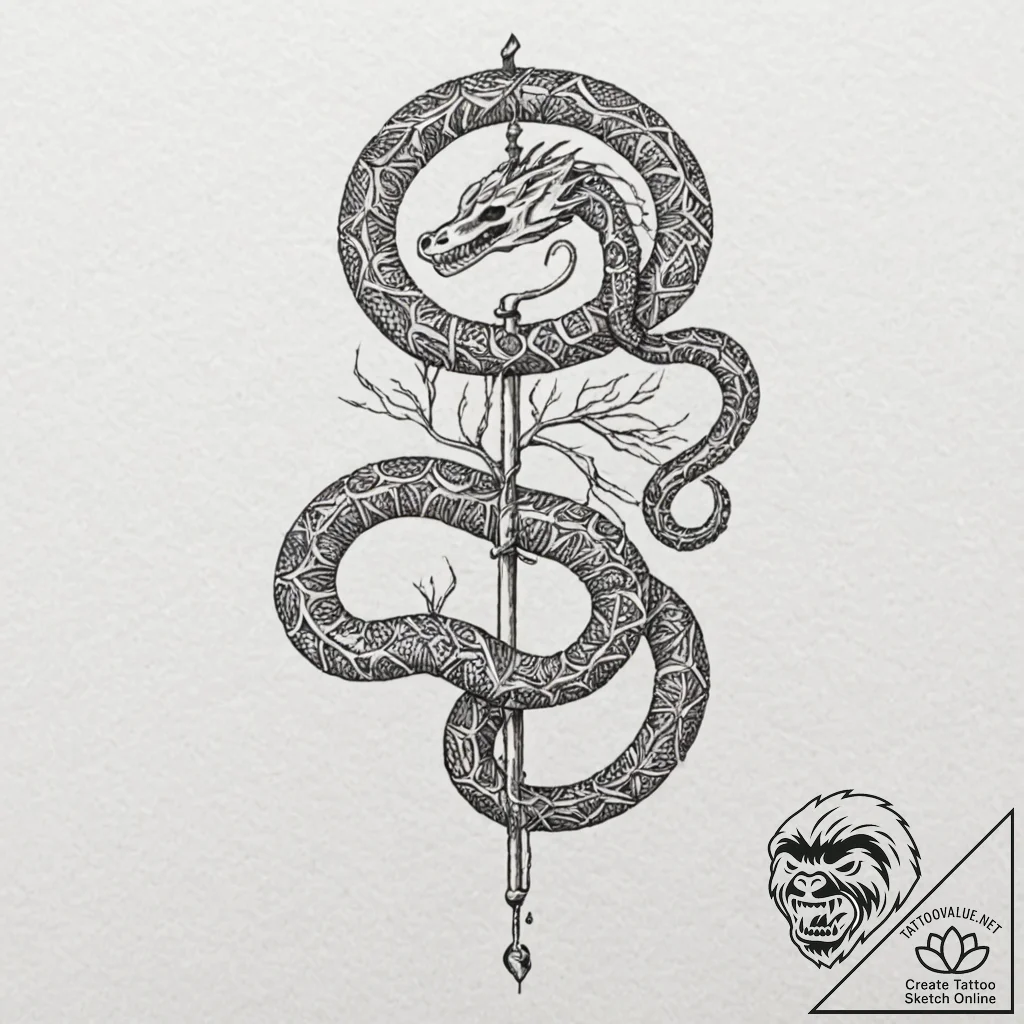 Serpent coil around skeletal key, tattoo line... - tattoo sketch (№1753463079_0, 25.07.2025 17:04) — tattoovalue.net