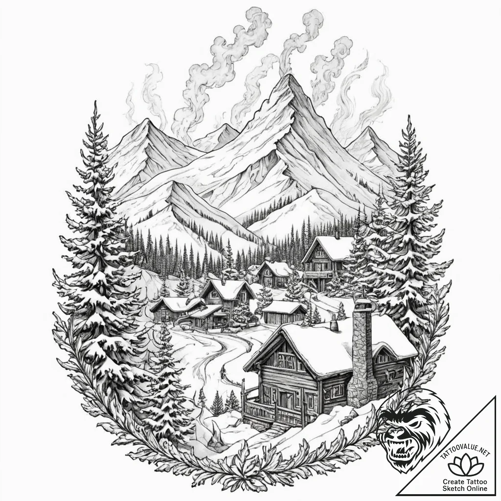 An alpine village nestled in a snow-covered v... - tattoo sketch (№1753464940_0, 25.07.2025 17:35) — tattoovalue.net