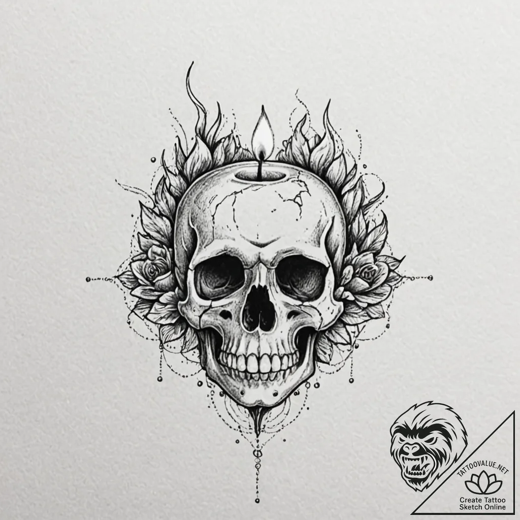 Burning candle melting into skull, tattoo ske... - tattoo sketch (№1753465758_0, 25.07.2025 17:49) — tattoovalue.net