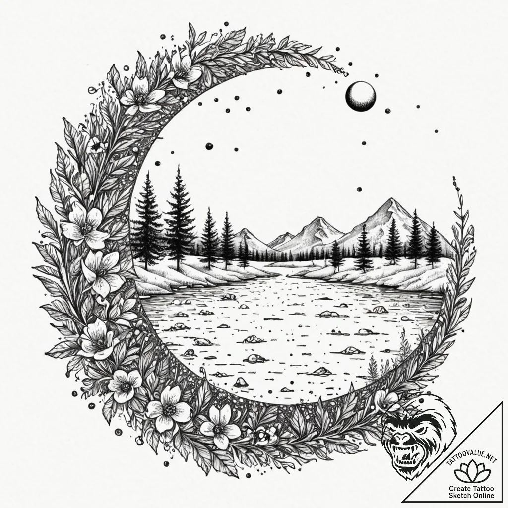 Lunar bloom beneath icy river, tattoo sketch... - tattoo sketch (№1753466167_0, 25.07.2025 17:56) — tattoovalue.net