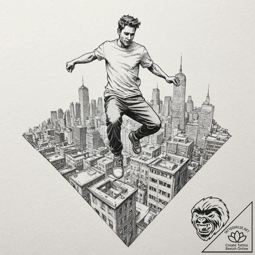 An athletic figure mid-leap, performing a dyn... - tattoo sketch (№1753466372_0, 25.07.2025 17:59) — tattoovalue.net