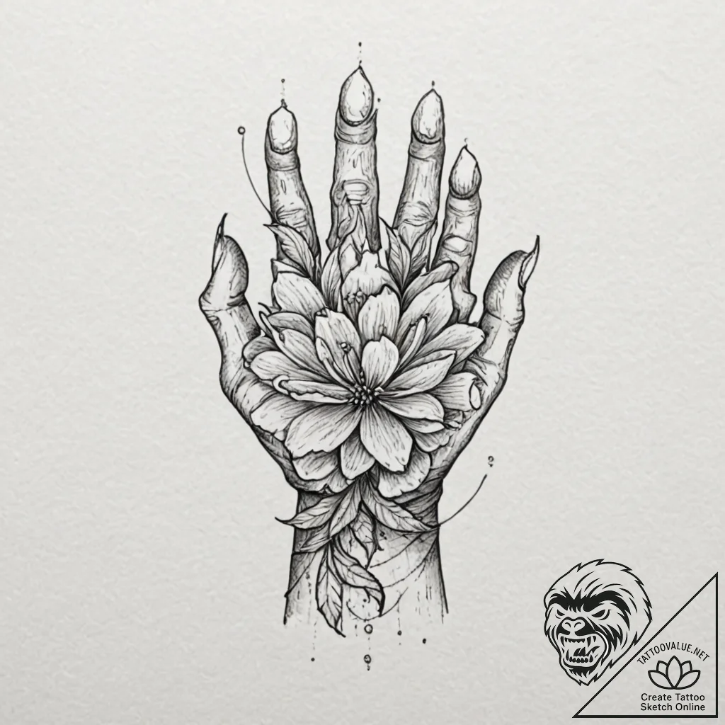 Bone gauntlet holding burning flower, artisti... - tattoo sketch (№1753467174_0, 25.07.2025 18:12) — tattoovalue.net