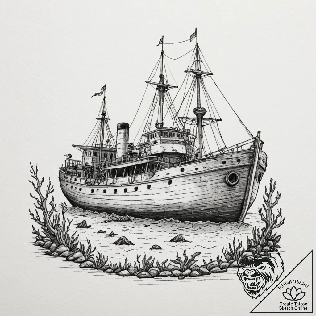 Sunken ship resting on bone reef, concept art... - tattoo sketch (№1753467370_0, 25.07.2025 18:16) — tattoovalue.net