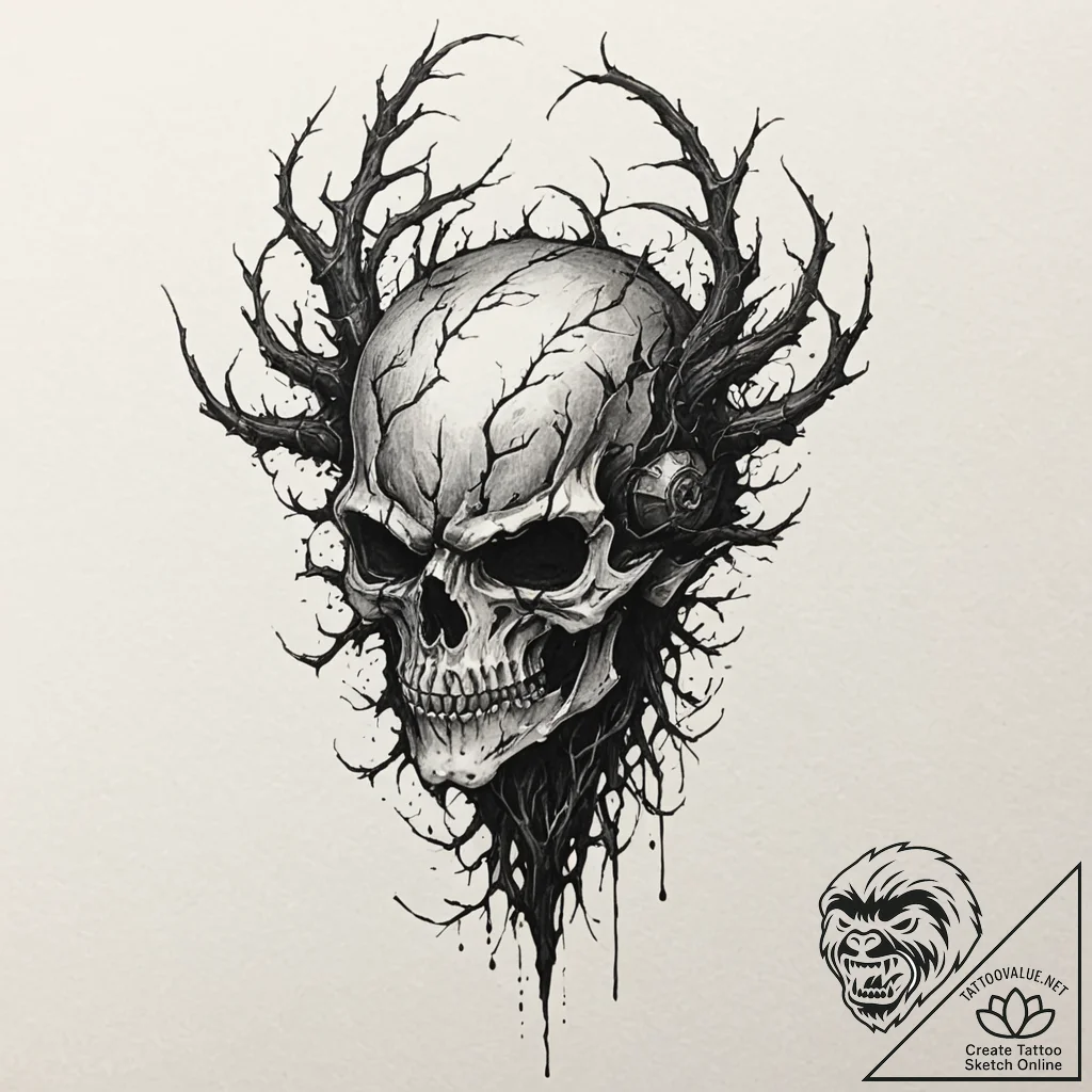 Ruined helm devoured by roots, artistic tatto... - tattoo sketch (№1753467964_0, 25.07.2025 18:26) — tattoovalue.net