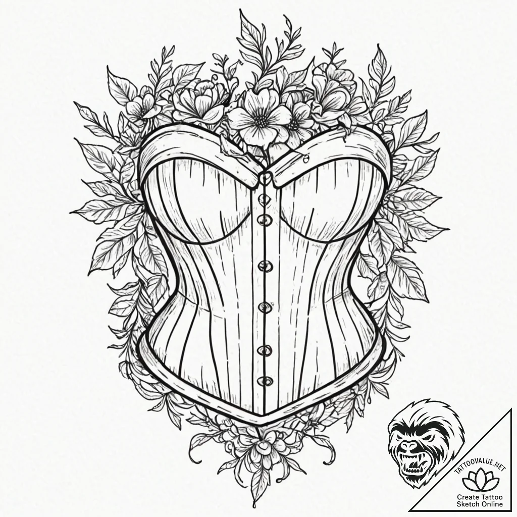 Corset laced with thorny, blooming vines, tat... - tattoo sketch (№1753468160_0, 25.07.2025 18:29) — tattoovalue.net