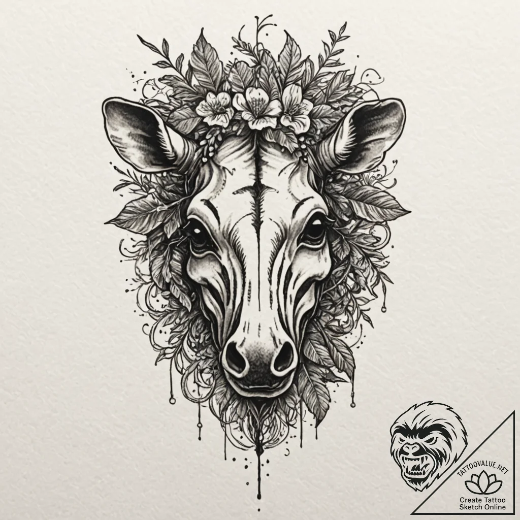 Zebra skull crowned with ivy, tattoo flash sh... - tattoo sketch (№1753468748_0, 25.07.2025 18:39) — tattoovalue.net