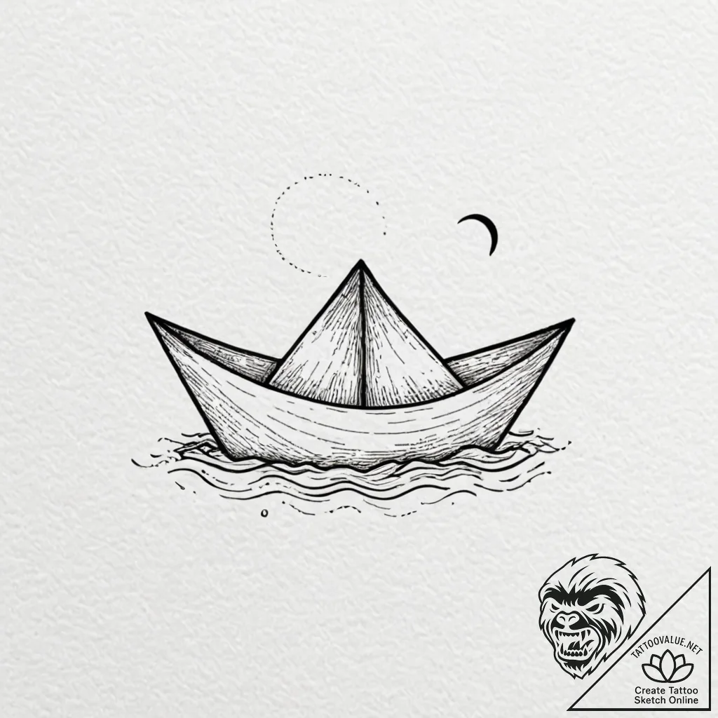 Paper boat floating on a minimalist wave, art... - tattoo sketch (№1753469742_0, 25.07.2025 18:55) — tattoovalue.net