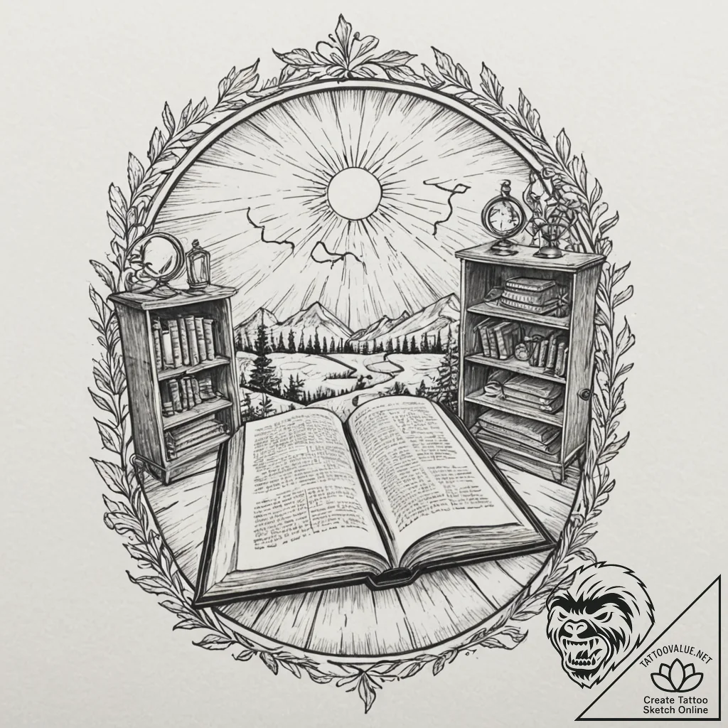 A cozy attic room filled with antique books,... - tattoo sketch (№1753470144_0, 25.07.2025 19:02) — tattoovalue.net