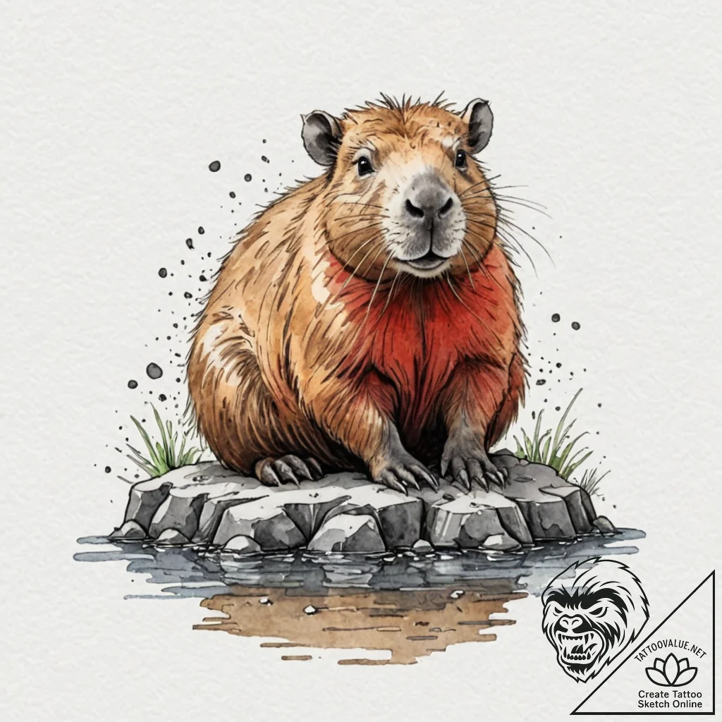 A capybara chilling in a hot spring, ink illu... - tattoo sketch (№1753470746_0, 25.07.2025 19:12) — tattoovalue.net