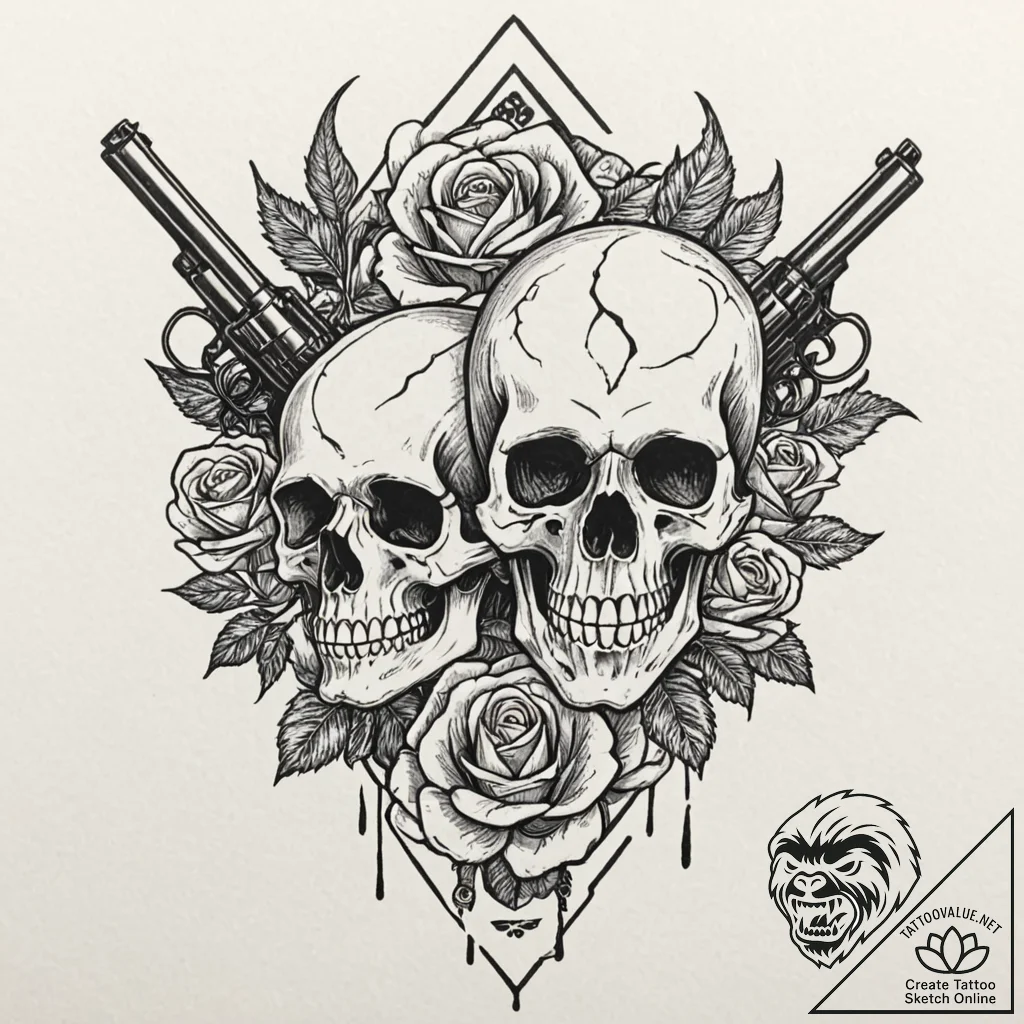 Outlaw's crossed revolvers over a skull, ink... - tattoo sketch (№1753472155_0, 25.07.2025 19:35) — tattoovalue.net