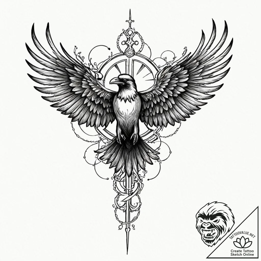 Angelic crow with skeletal wings, tattoo flas... - tattoo sketch (№1753472346_0, 25.07.2025 19:39) — tattoovalue.net