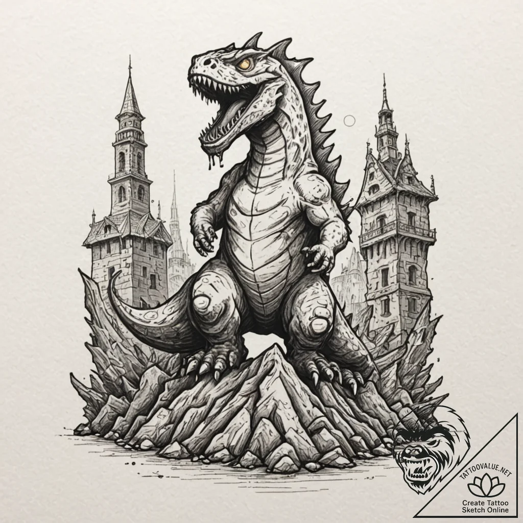 Kaiju rising from sunken ruins, concept art f... - tattoo sketch (№1753472564_0, 25.07.2025 19:42) — tattoovalue.net