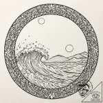 Sunset over waves, inside a circle, tattoo dr… – tattoo sketch (№1753472972_0, 25.07.2025 19:49) — tattoovalue.net