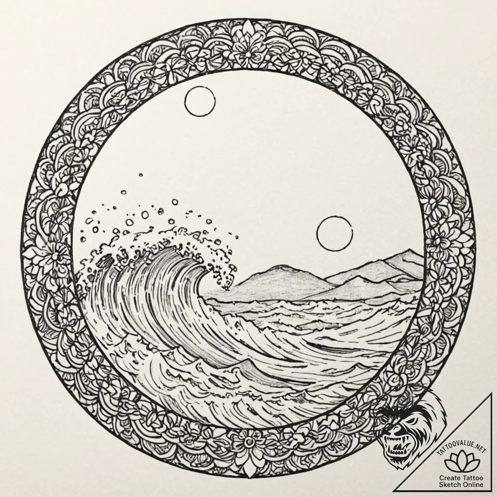 Sunset over waves, inside a circle, tattoo dr... - tattoo sketch (№1753472972_0, 25.07.2025 19:49) — tattoovalue.net