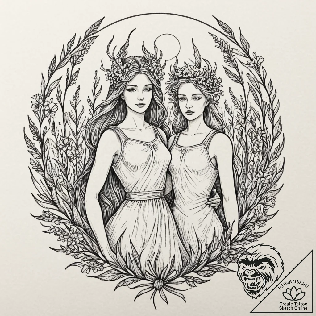 Hades leading persephone through a field of a... - tattoo sketch (№1753474172_0, 25.07.2025 20:09) — tattoovalue.net