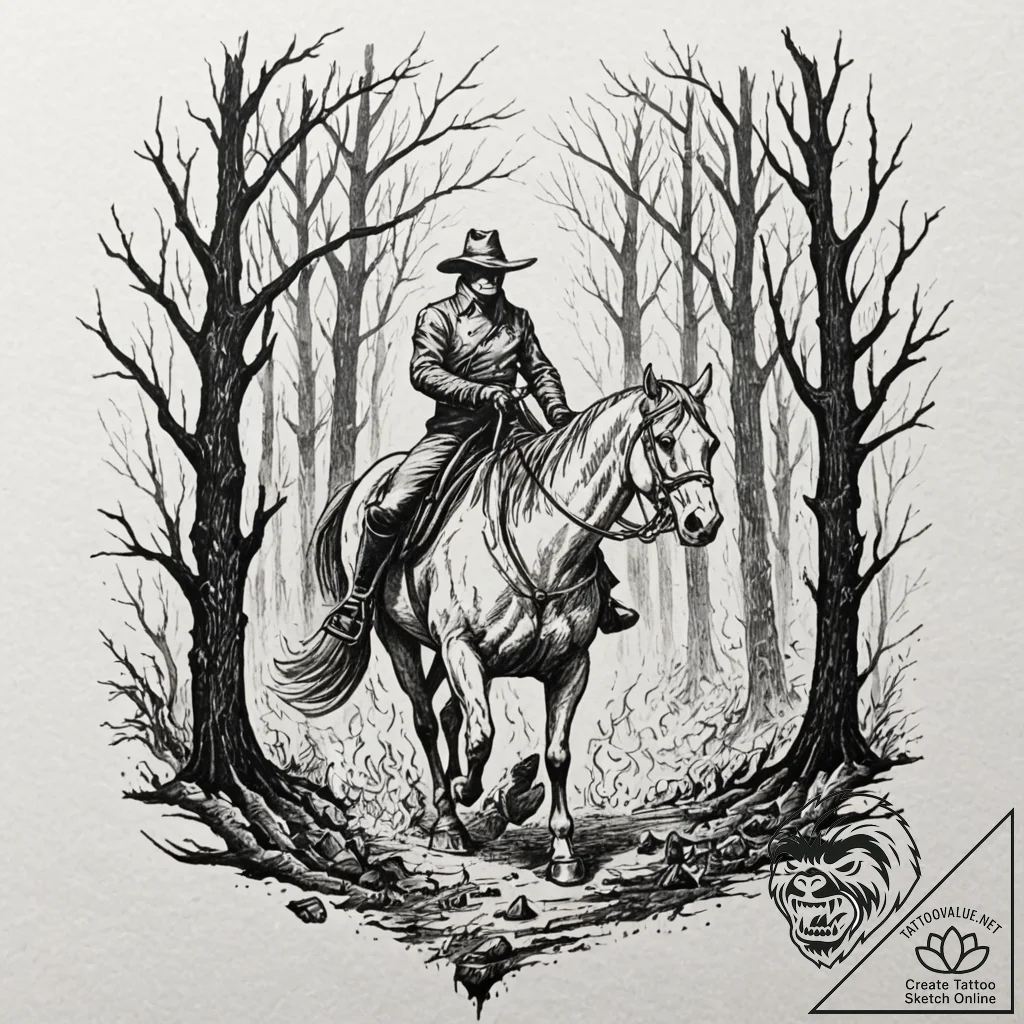 Headless horseman riding through a burning fo... - tattoo sketch (№1753474774_0, 25.07.2025 20:19) — tattoovalue.net