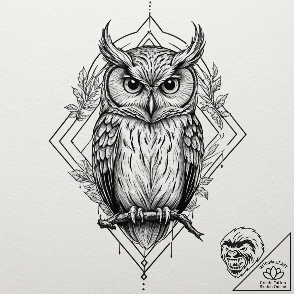 Arcane owl with rune eyes, ink illustration f... - tattoo sketch (№1753475179_0, 25.07.2025 20:26) — tattoovalue.net