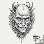 Mantis fang beneath fractured mask, ink illus… – tattoo sketch (№1753475384_0, 25.07.2025 20:29) — tattoovalue.net