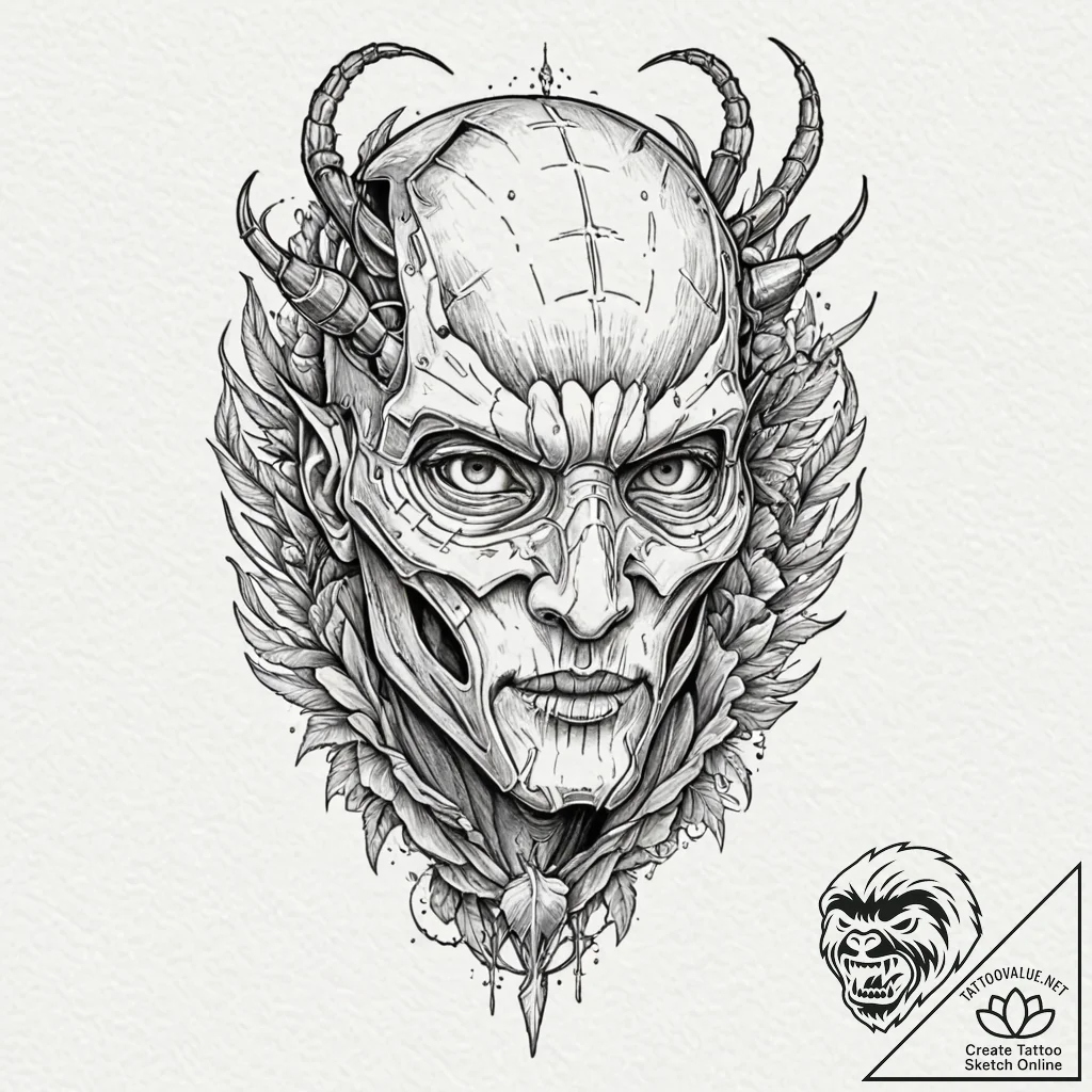 Mantis fang beneath fractured mask, ink illus... - tattoo sketch (№1753475384_0, 25.07.2025 20:29) — tattoovalue.net