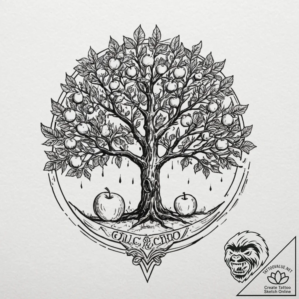 An enchanted apple tree bearing glowing fruit... - tattoo sketch (№1753478187_0, 25.07.2025 21:16) — tattoovalue.net