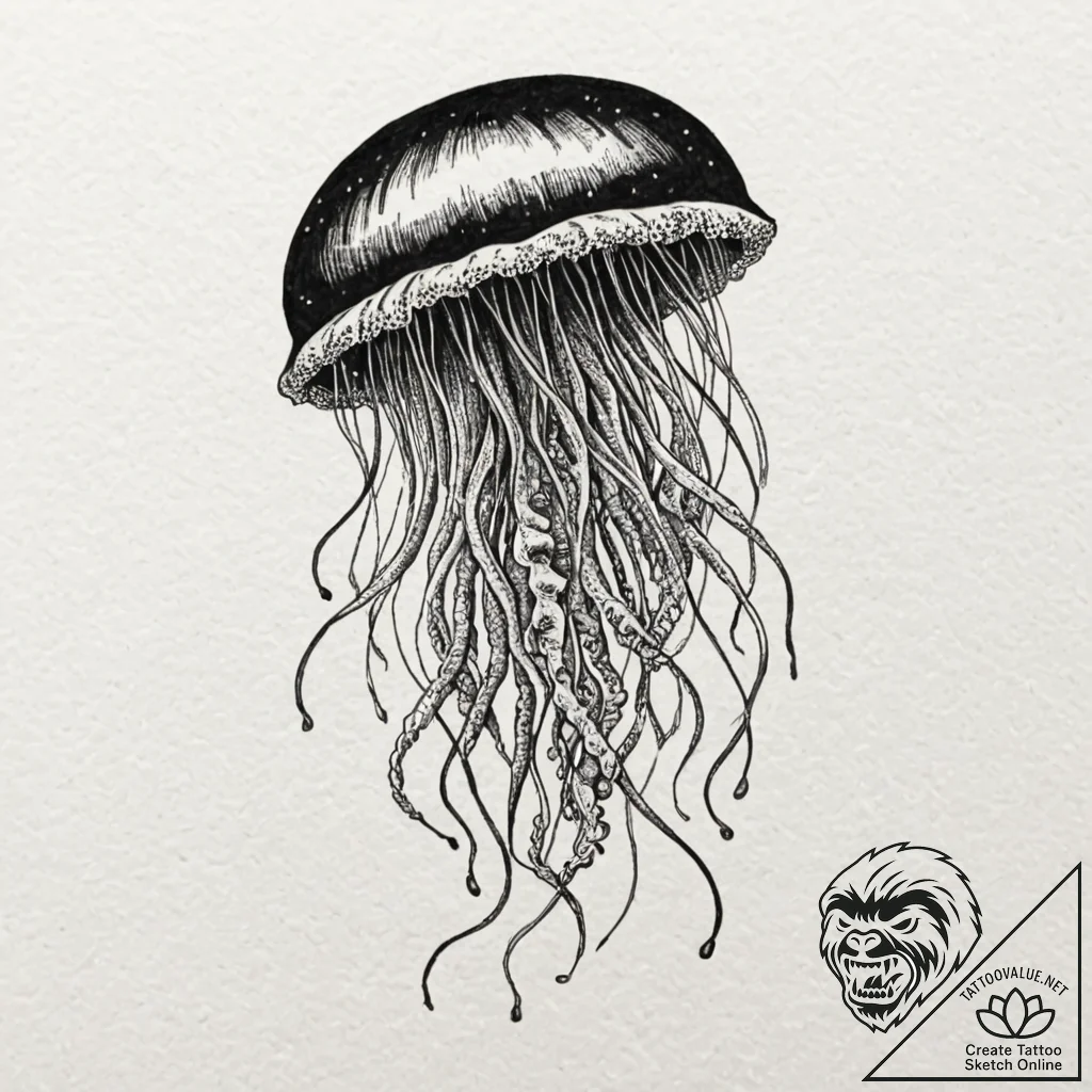 Jellyfish, tattoo line art, dotwork shading,... - tattoo sketch (№1753479993_0, 25.07.2025 21:46) — tattoovalue.net