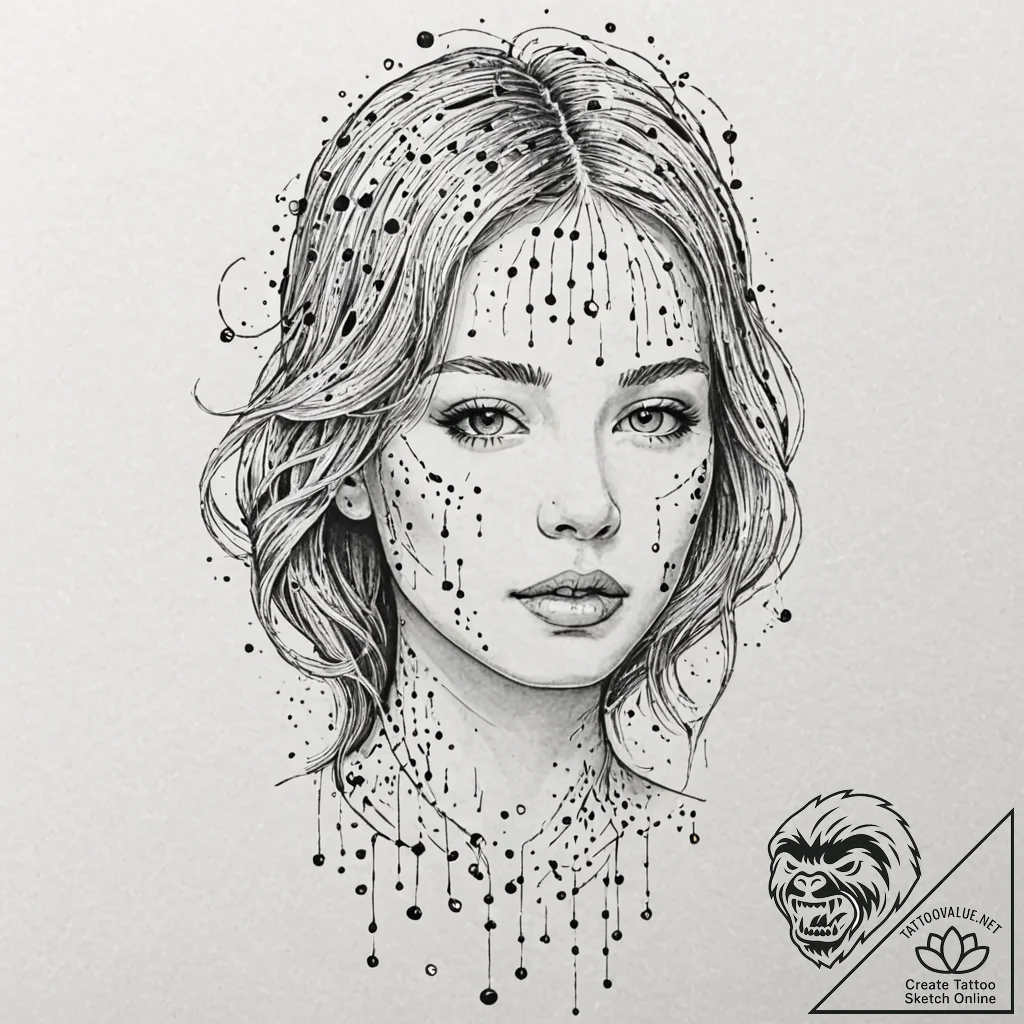 Binary code raining down to form a ghostly hu... - tattoo sketch (№1753480390_0, 25.07.2025 21:53) — tattoovalue.net