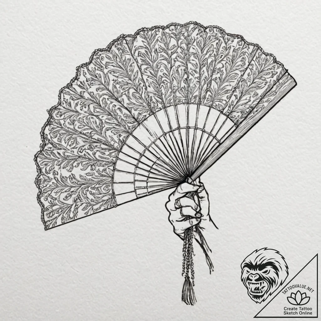 Lace fan, held by a delicate, ghostly hand, i... - tattoo sketch (№1753482177_0, 25.07.2025 22:22) — tattoovalue.net