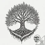 Iron roots entwining sacred tree, ink illustr… – tattoo sketch (№1753482382_0, 25.07.2025 22:26) — tattoovalue.net