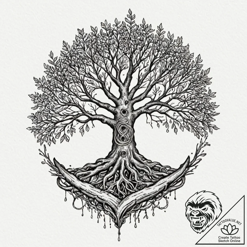 Iron roots entwining sacred tree, ink illustr... - tattoo sketch (№1753482382_0, 25.07.2025 22:26) — tattoovalue.net