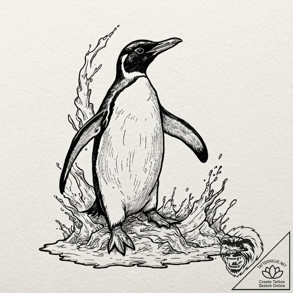 Penguin standing on a melting glacier, artist... - tattoo sketch (№1753483522_0, 25.07.2025 22:45) — tattoovalue.net