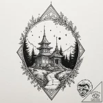 Overgrown temple beneath starry sky, artistic… – tattoo sketch (№1753483910_0, 25.07.2025 22:51) — tattoovalue.net