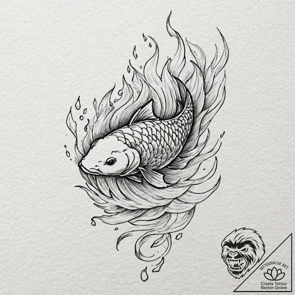 Koi fish leaping through fire, concept art fo... - tattoo sketch (№1753484300_0, 25.07.2025 22:58) — tattoovalue.net