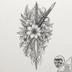 Thorned dagger beneath frozen bloom, ink illu… – tattoo sketch (№1753484881_0, 25.07.2025 23:08) — tattoovalue.net