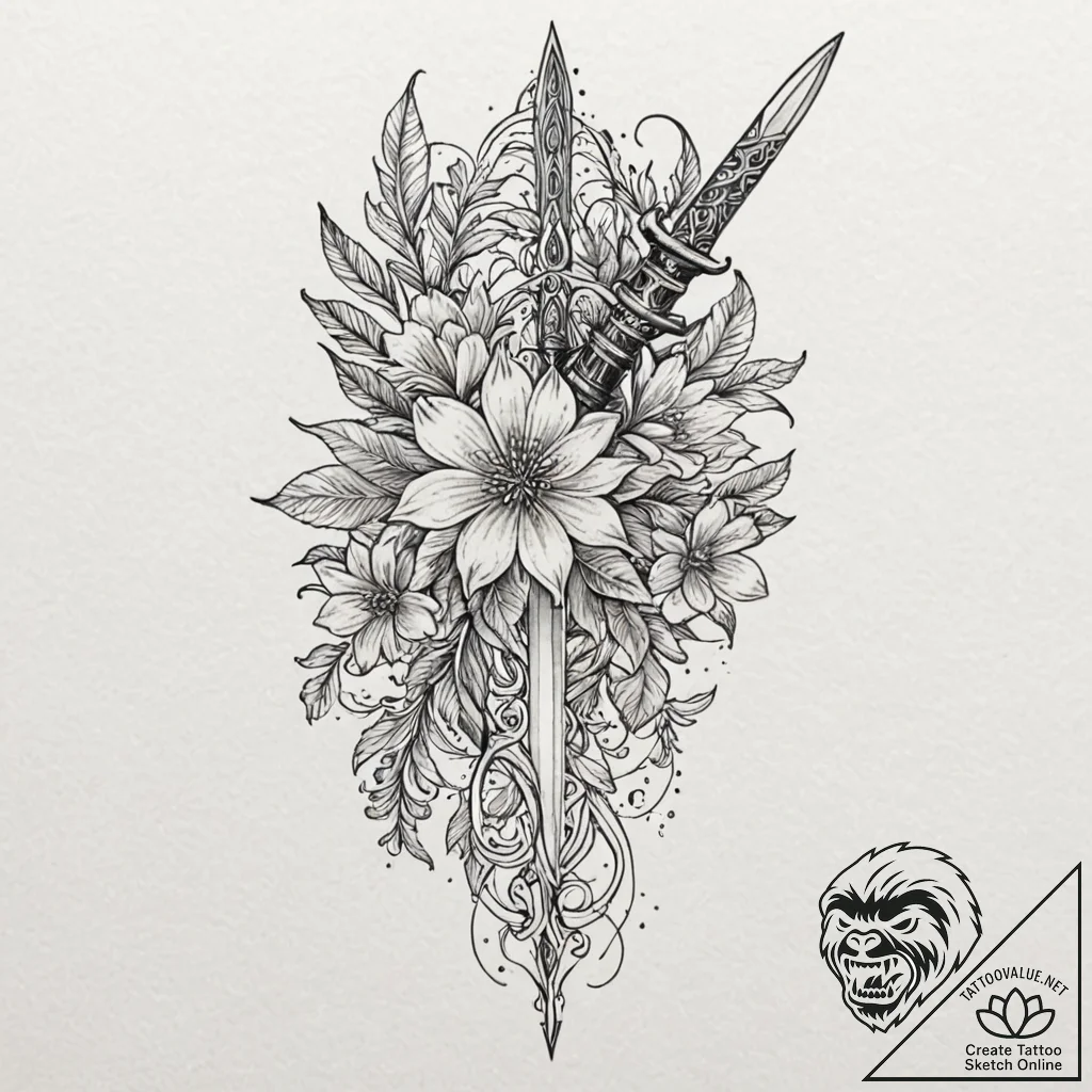 Thorned dagger beneath frozen bloom, ink illu... - tattoo sketch (№1753484881_0, 25.07.2025 23:08) — tattoovalue.net