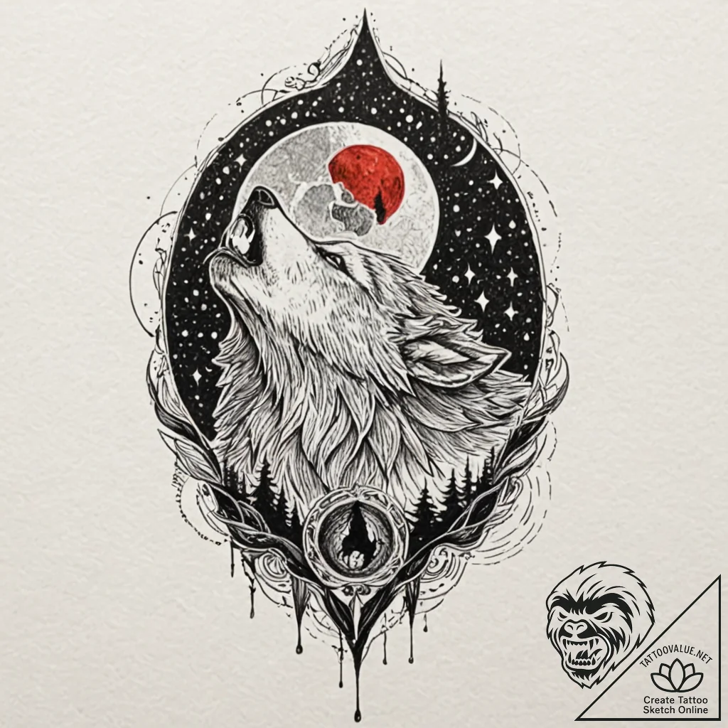 Werewolf howling at a blood moon, tattoo sket... - tattoo sketch (№1753485270_0, 25.07.2025 23:14) — tattoovalue.net