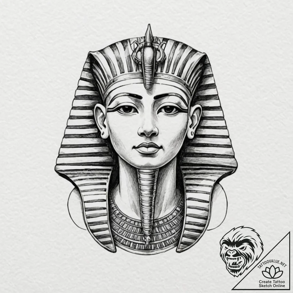 Pharaoh's death mask with empty, dark eyes, t... - tattoo sketch (№1753485658_0, 25.07.2025 23:20) — tattoovalue.net