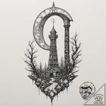 Opal moon above shattered tower, tattoo flash… – tattoo sketch (№1753487025_0, 25.07.2025 23:43) — tattoovalue.net