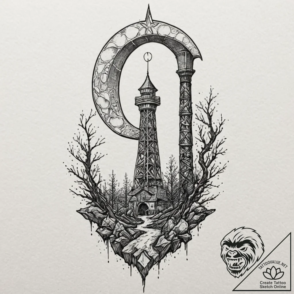 Opal moon above shattered tower, tattoo flash... - tattoo sketch (№1753487025_0, 25.07.2025 23:43) — tattoovalue.net