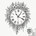 Clock hands made of wilting flower stems, tat… – tattoo sketch (№1753487998_0, 25.07.2025 23:59) — tattoovalue.net
