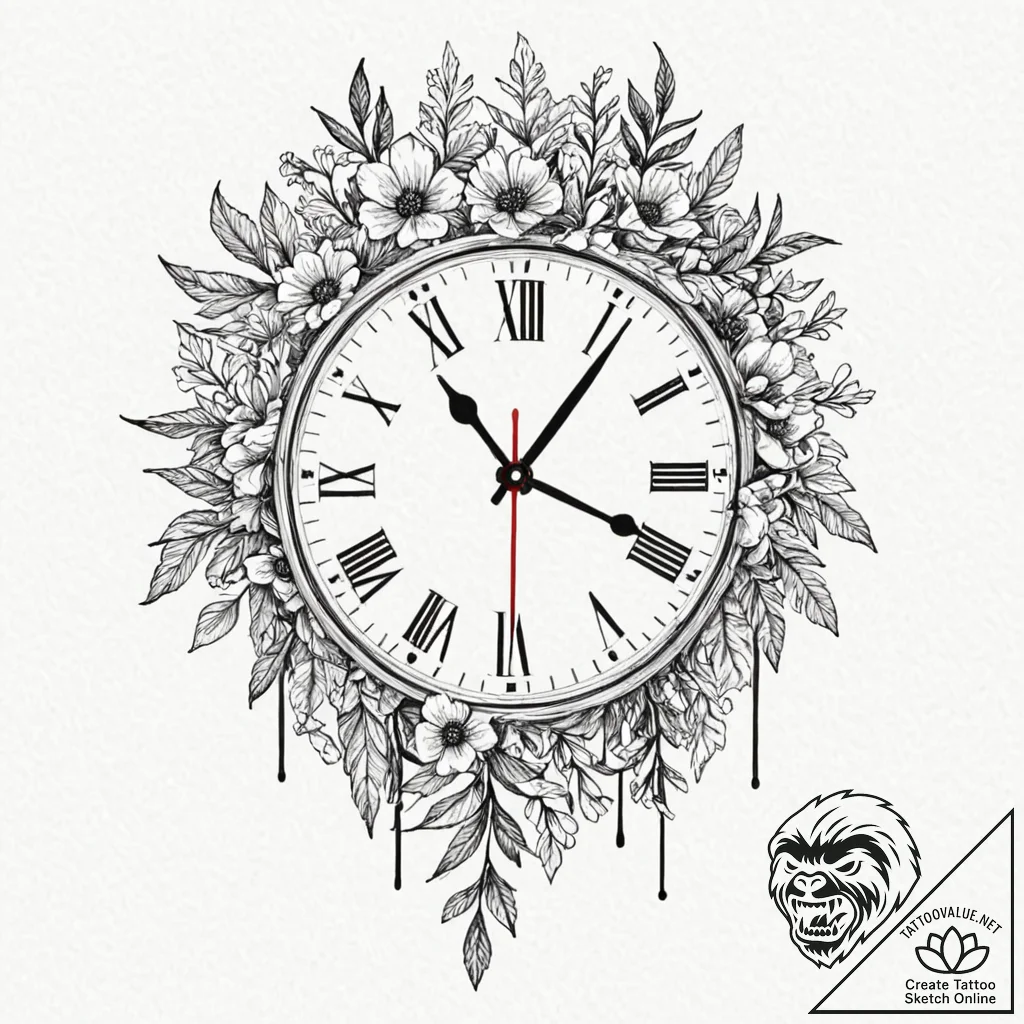 Clock hands made of wilting flower stems, tat... - tattoo sketch (№1753487998_0, 25.07.2025 23:59) — tattoovalue.net