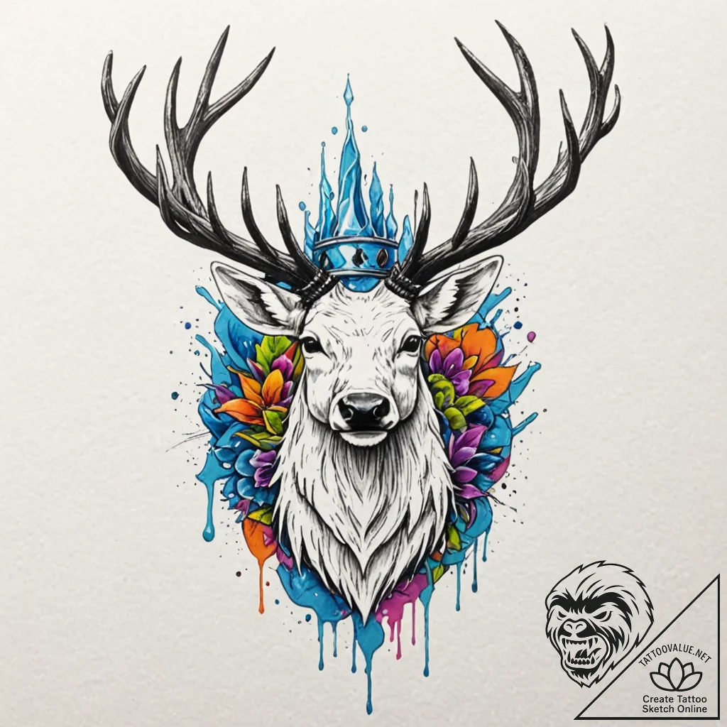 Ice stag crowned with frost, tattoo line art,... - tattoo sketch (№1753488193_0, 26.07.2025 00:03) — tattoovalue.net